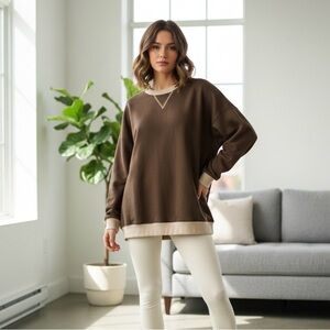 FANTASLOOK ColorBlock Oversized Crewneck Sweatshirt, Women’s L, Brown Tan